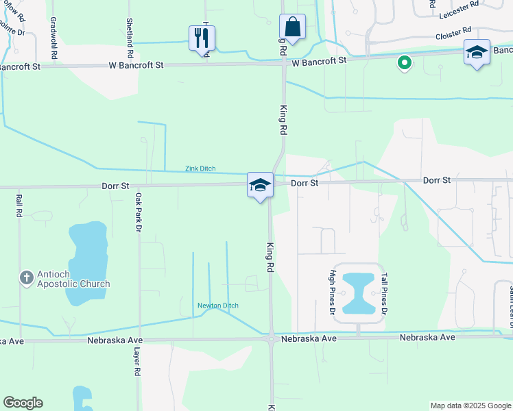 map of restaurants, bars, coffee shops, grocery stores, and more near 1205 King Road in Toledo