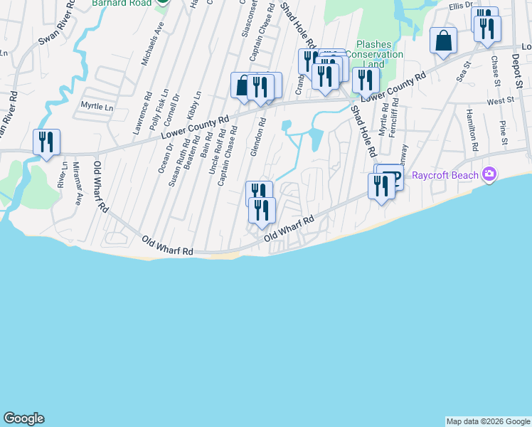 map of restaurants, bars, coffee shops, grocery stores, and more near N Ocean Grove Cir in Dennis