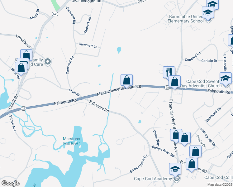 map of restaurants, bars, coffee shops, grocery stores, and more near 11 Hidden Valley Road in Barnstable
