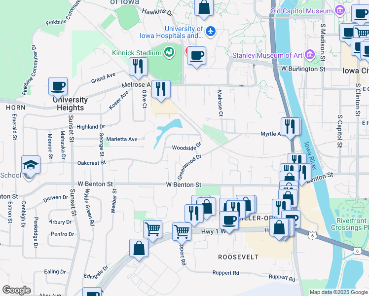 map of restaurants, bars, coffee shops, grocery stores, and more near 720 Woodside Drive in Iowa City