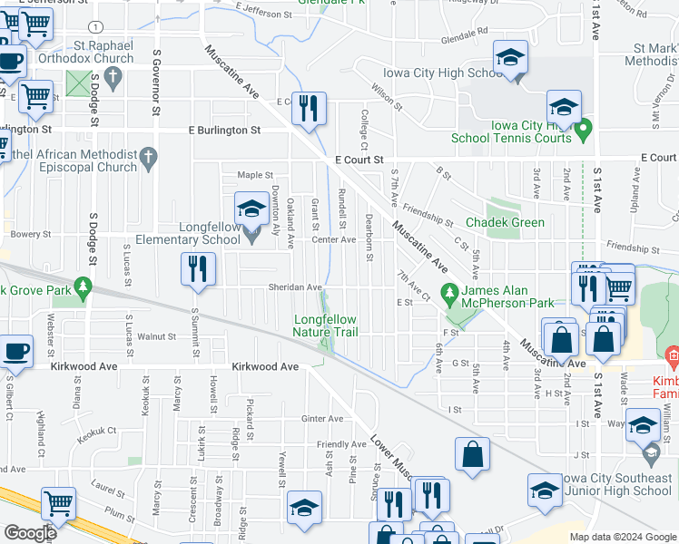 map of restaurants, bars, coffee shops, grocery stores, and more near 737 Rundell Street in Iowa City