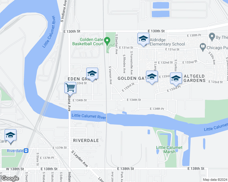 map of restaurants, bars, coffee shops, grocery stores, and more near 438 East 133rd Street in Chicago
