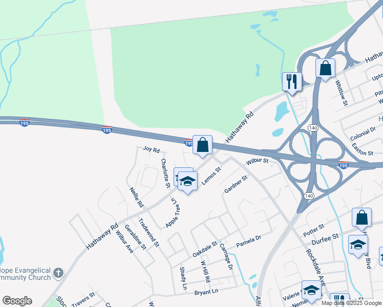 map of restaurants, bars, coffee shops, grocery stores, and more near Interstate 195 in New Bedford