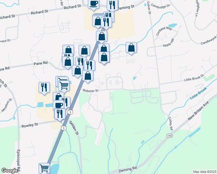 map of restaurants, bars, coffee shops, grocery stores, and more near 58 Webster Court in Newington