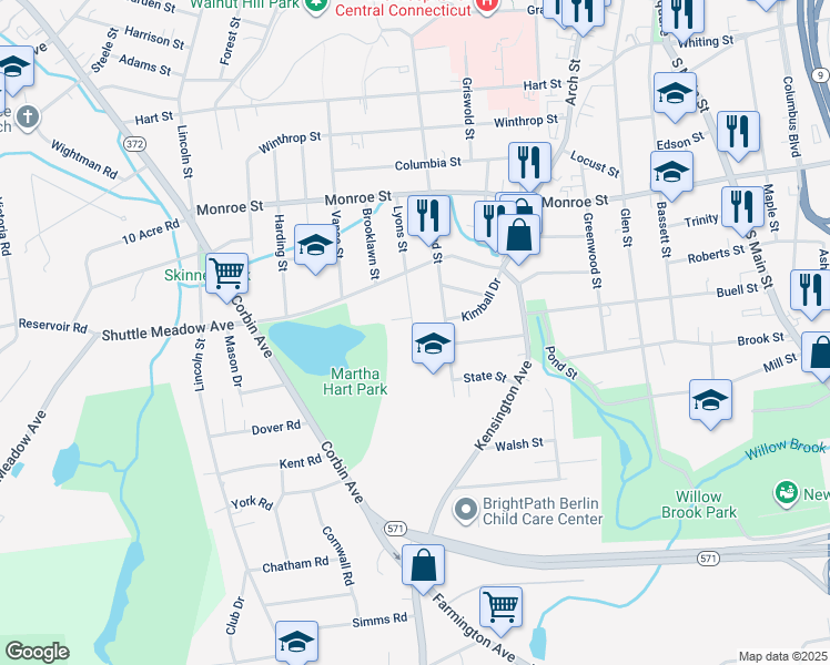 map of restaurants, bars, coffee shops, grocery stores, and more near 122 Lyons Street in New Britain