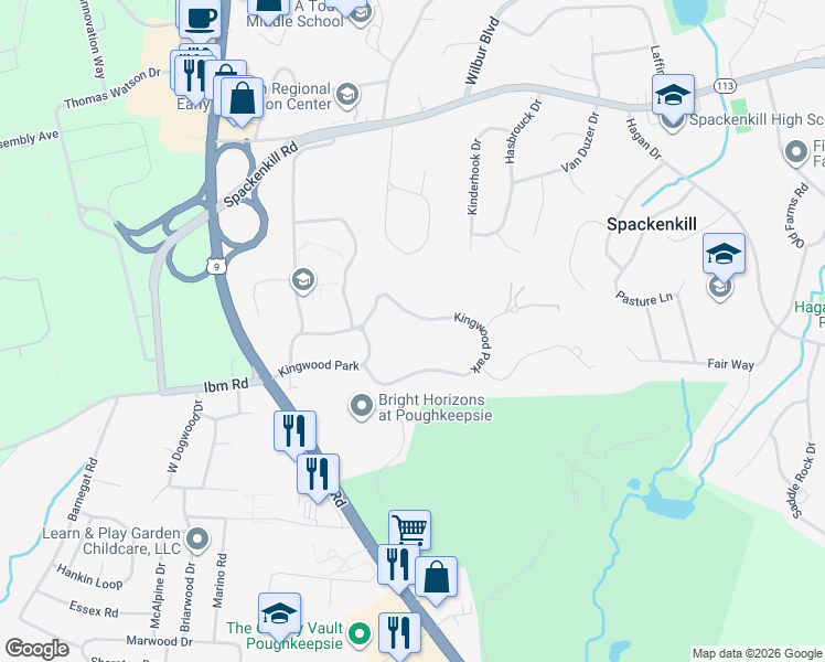 map of restaurants, bars, coffee shops, grocery stores, and more near 81 Kingwood Park in Poughkeepsie