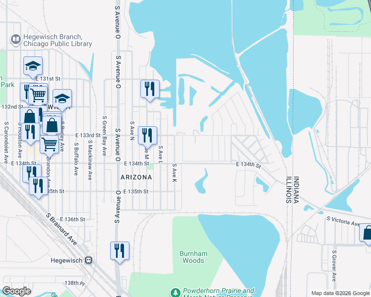 map of restaurants, bars, coffee shops, grocery stores, and more near 13307 South Avenue K in Chicago