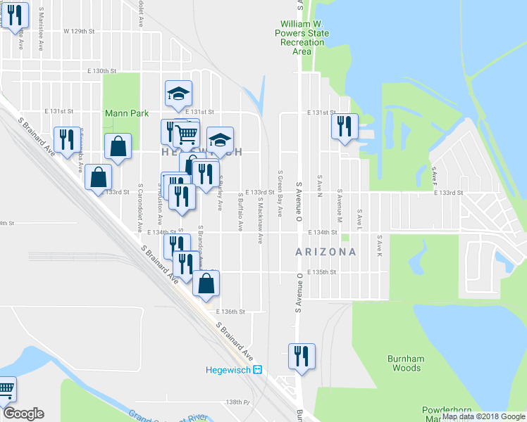 map of restaurants, bars, coffee shops, grocery stores, and more near 13303 South Mackinaw Avenue in Chicago