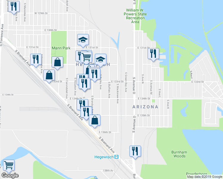 map of restaurants, bars, coffee shops, grocery stores, and more near 13301 South Buffalo Avenue in Chicago