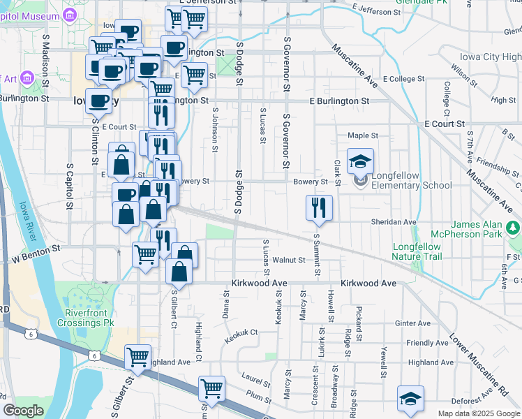 map of restaurants, bars, coffee shops, grocery stores, and more near 618 South Lucas Street in Iowa City