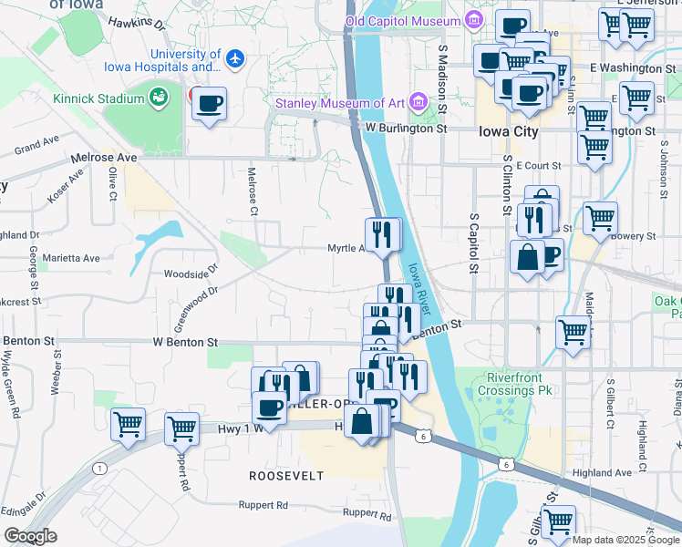 map of restaurants, bars, coffee shops, grocery stores, and more near 209 Myrtle Avenue in Iowa City
