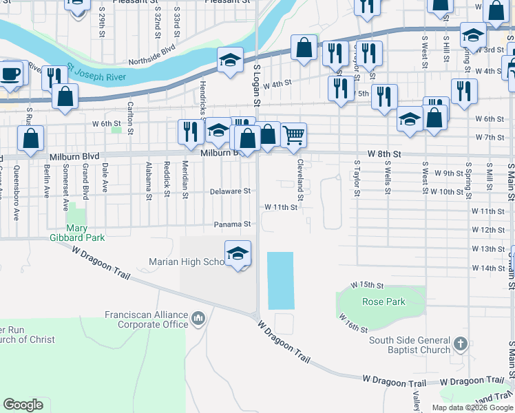 map of restaurants, bars, coffee shops, grocery stores, and more near 920 South Logan Street in Mishawaka
