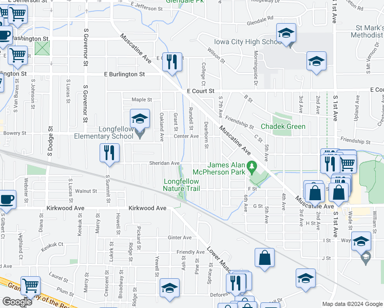 map of restaurants, bars, coffee shops, grocery stores, and more near 737 Rundell Street in Iowa City
