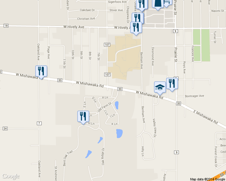 map of restaurants, bars, coffee shops, grocery stores, and more near 530 West Mishawaka Road in Elkhart