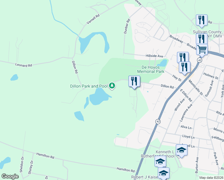 map of restaurants, bars, coffee shops, grocery stores, and more near 121 Dillon Road in Monticello