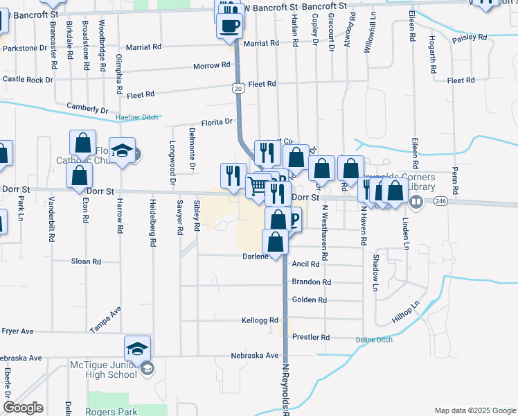 map of restaurants, bars, coffee shops, grocery stores, and more near in Toledo