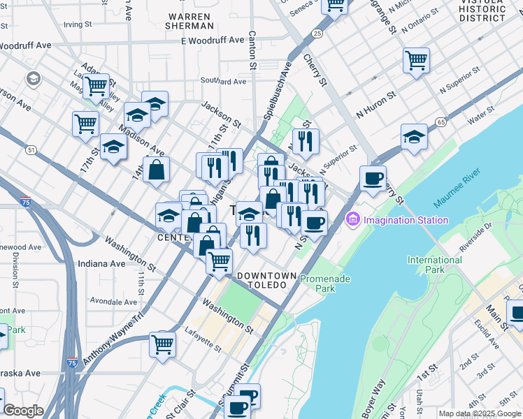 map of restaurants, bars, coffee shops, grocery stores, and more near 702 Madison Avenue in Toledo