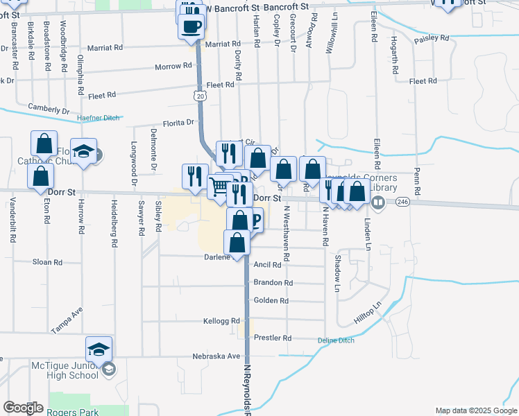 map of restaurants, bars, coffee shops, grocery stores, and more near in Toledo