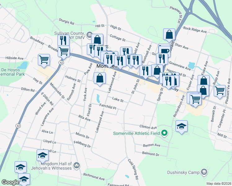 map of restaurants, bars, coffee shops, grocery stores, and more near 27 Lakewood Avenue in Monticello