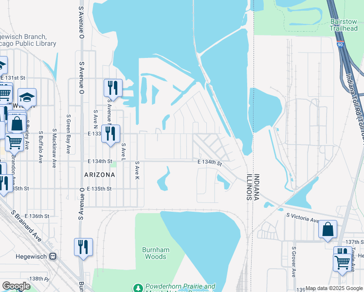 map of restaurants, bars, coffee shops, grocery stores, and more near 4000 East 134th Street in Chicago
