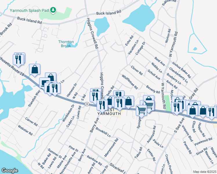 map of restaurants, bars, coffee shops, grocery stores, and more near in Yarmouth