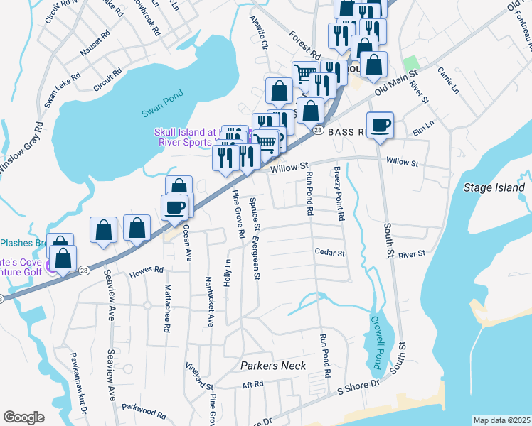 map of restaurants, bars, coffee shops, grocery stores, and more near 7 Fir Lane in Yarmouth