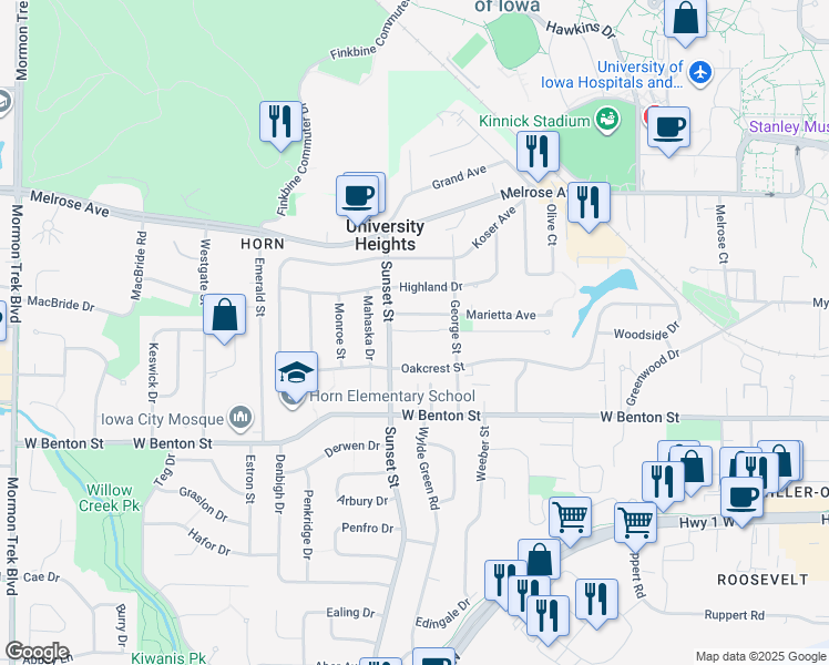 map of restaurants, bars, coffee shops, grocery stores, and more near 300 Grandview Court in Iowa City