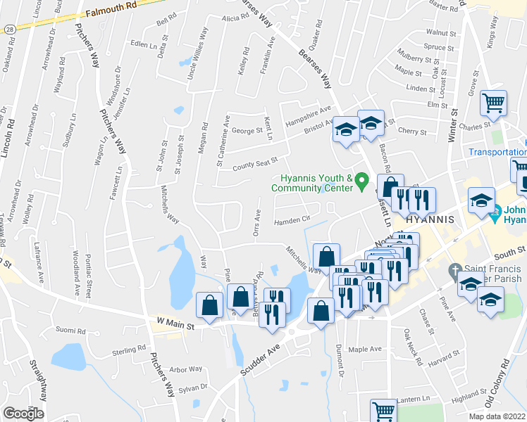 map of restaurants, bars, coffee shops, grocery stores, and more near 58 Orrs Ave in Barnstable