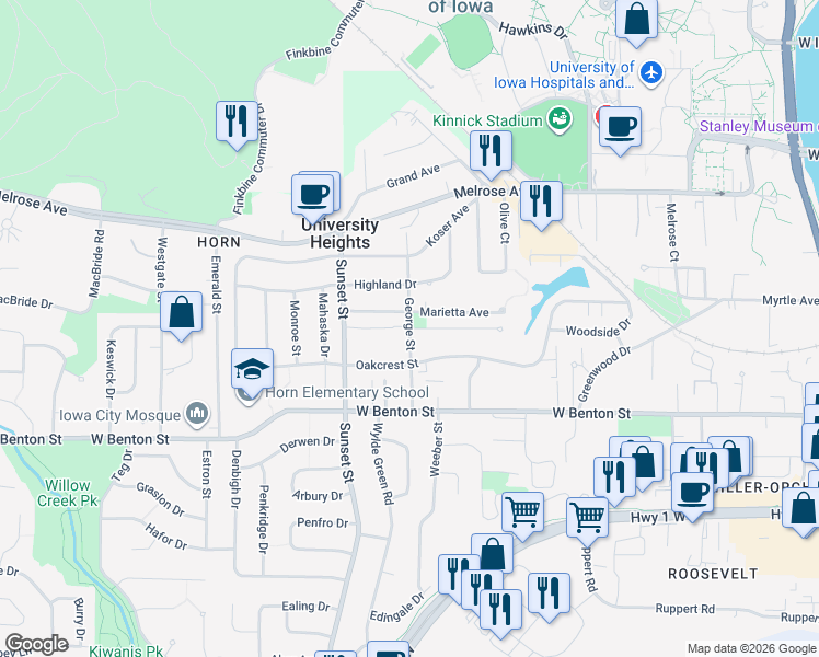 map of restaurants, bars, coffee shops, grocery stores, and more near 220 George Street in Iowa City