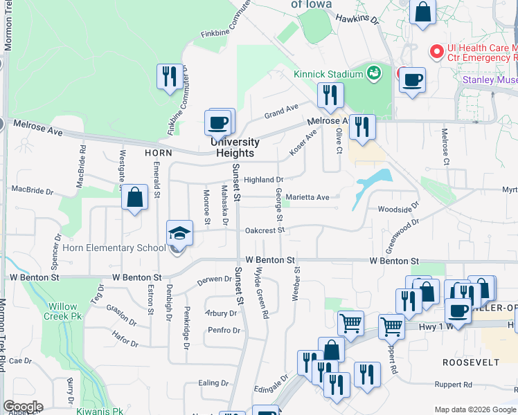 map of restaurants, bars, coffee shops, grocery stores, and more near 300 Grandview Court in Iowa City