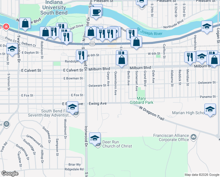 map of restaurants, bars, coffee shops, grocery stores, and more near 817 Geyer Avenue in Mishawaka