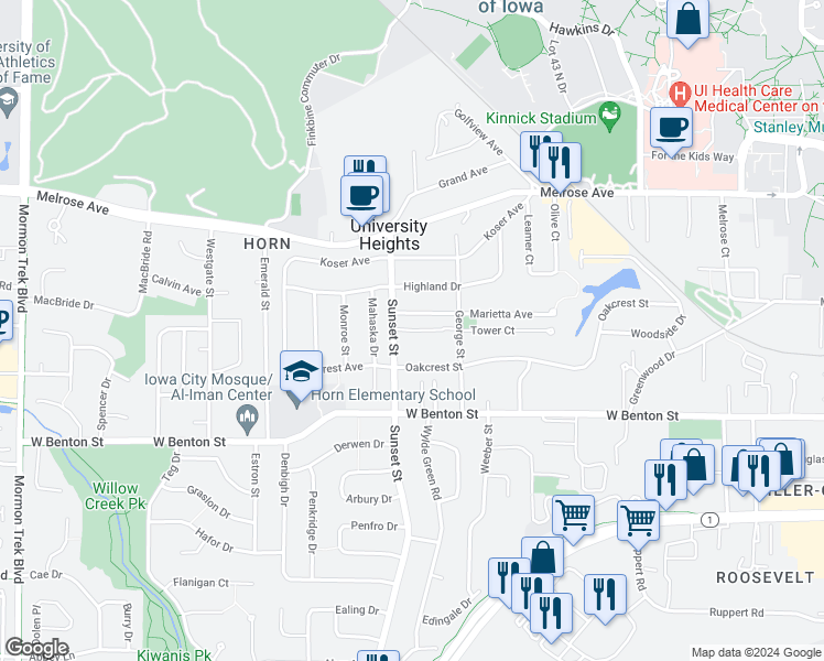 map of restaurants, bars, coffee shops, grocery stores, and more near 501 Grandview Court in Iowa City