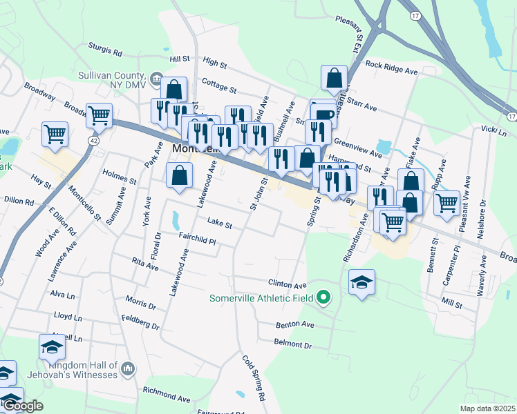 map of restaurants, bars, coffee shops, grocery stores, and more near 41 Lincoln Place in Monticello