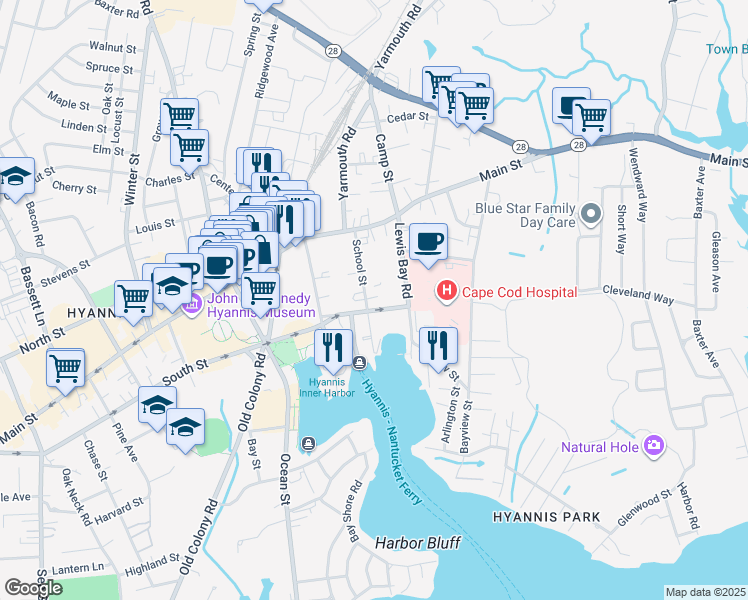 map of restaurants, bars, coffee shops, grocery stores, and more near 60 School Street in Barnstable