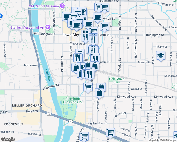 map of restaurants, bars, coffee shops, grocery stores, and more near 711 South Gilbert Street in Iowa City