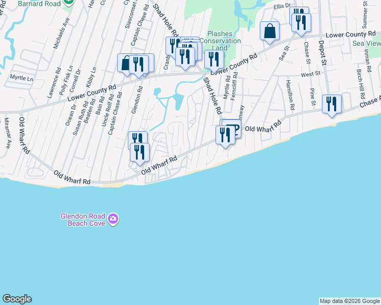 map of restaurants, bars, coffee shops, grocery stores, and more near 262 Old Wharf Road in Dennis