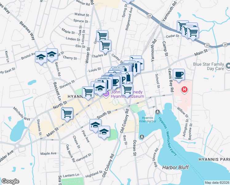 map of restaurants, bars, coffee shops, grocery stores, and more near 344 Main Street in Barnstable