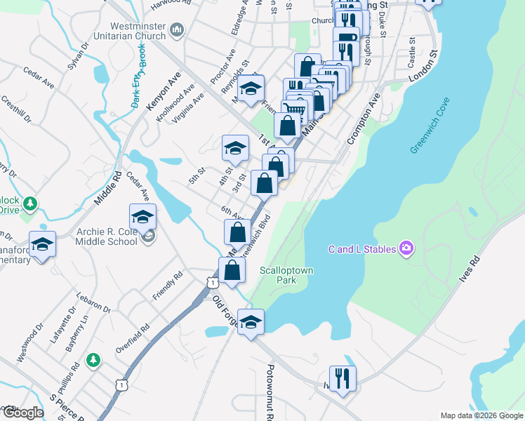 map of restaurants, bars, coffee shops, grocery stores, and more near 845 Main Street in East Greenwich