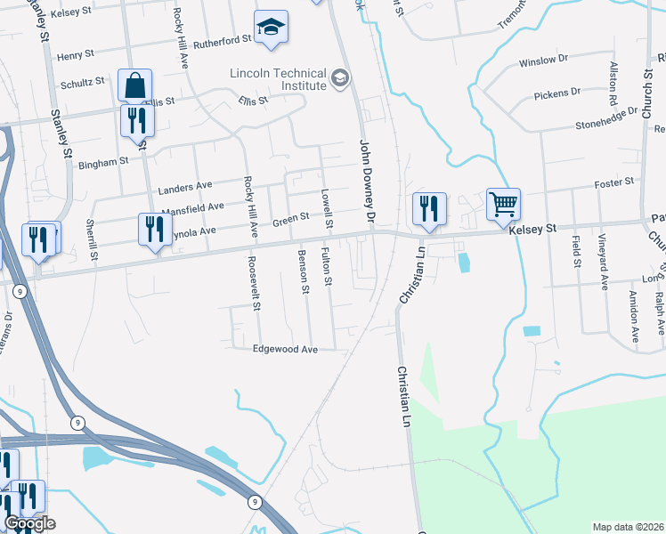 map of restaurants, bars, coffee shops, grocery stores, and more near 549 South Street in New Britain