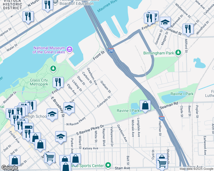 map of restaurants, bars, coffee shops, grocery stores, and more near 235 Graham Street in Toledo