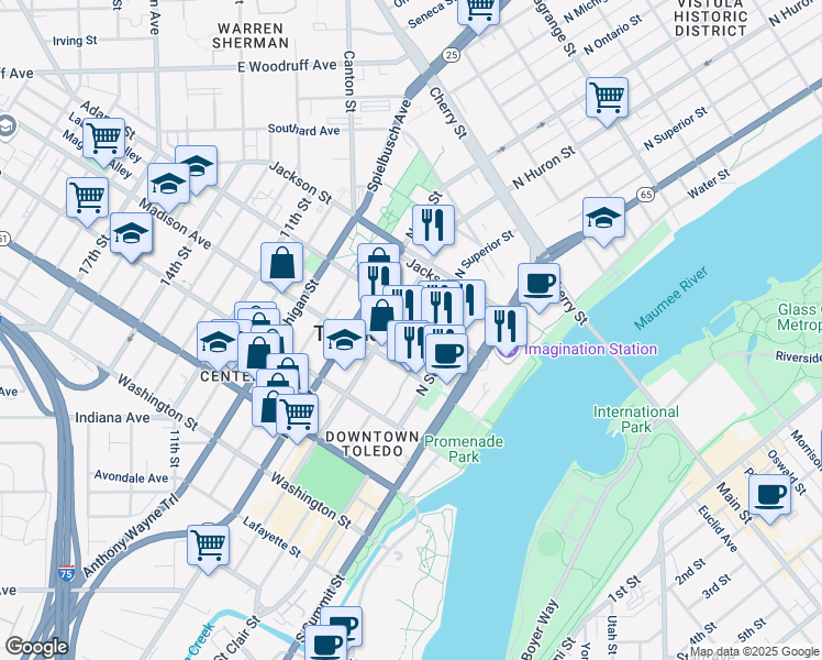 map of restaurants, bars, coffee shops, grocery stores, and more near 506 Adams Street in Toledo