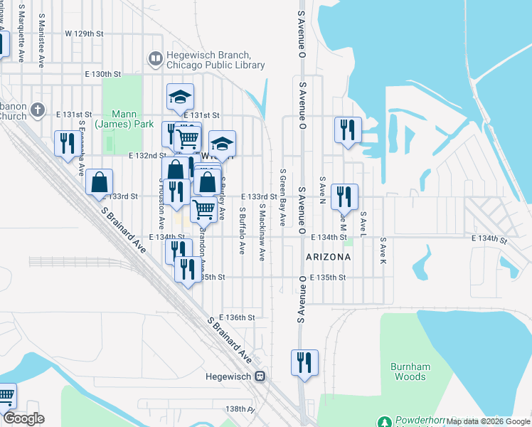 map of restaurants, bars, coffee shops, grocery stores, and more near 13303 South Mackinaw Avenue in Chicago
