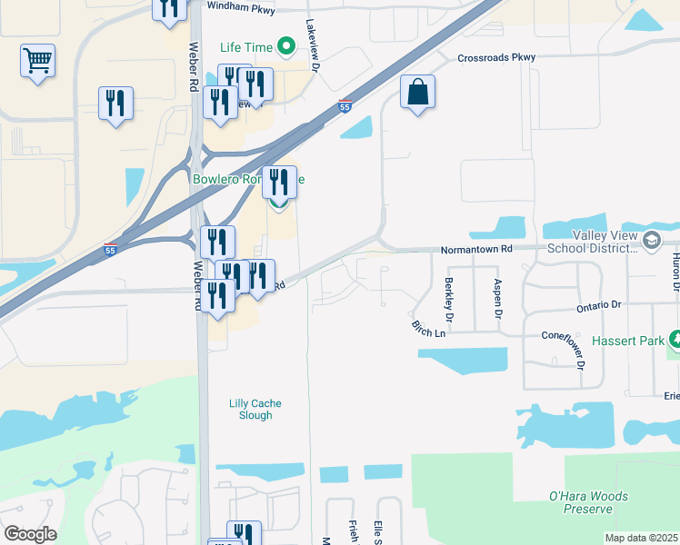 map of restaurants, bars, coffee shops, grocery stores, and more near 20592-20650 Normantown Road in Romeoville