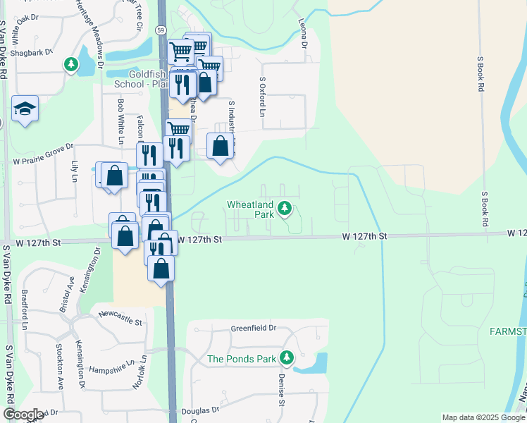 map of restaurants, bars, coffee shops, grocery stores, and more near 23710 Springs Court in Plainfield