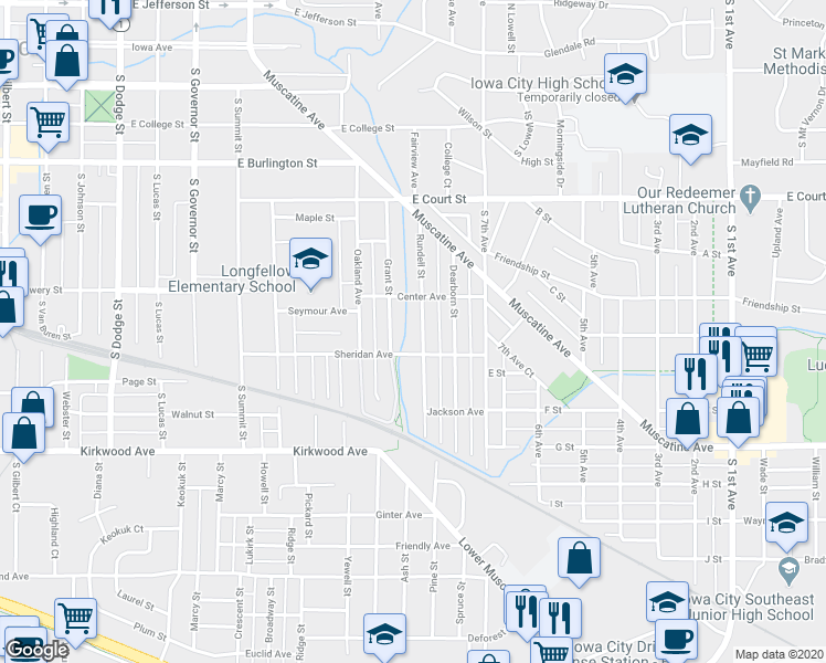 map of restaurants, bars, coffee shops, grocery stores, and more near 712 Grant Street in Iowa City