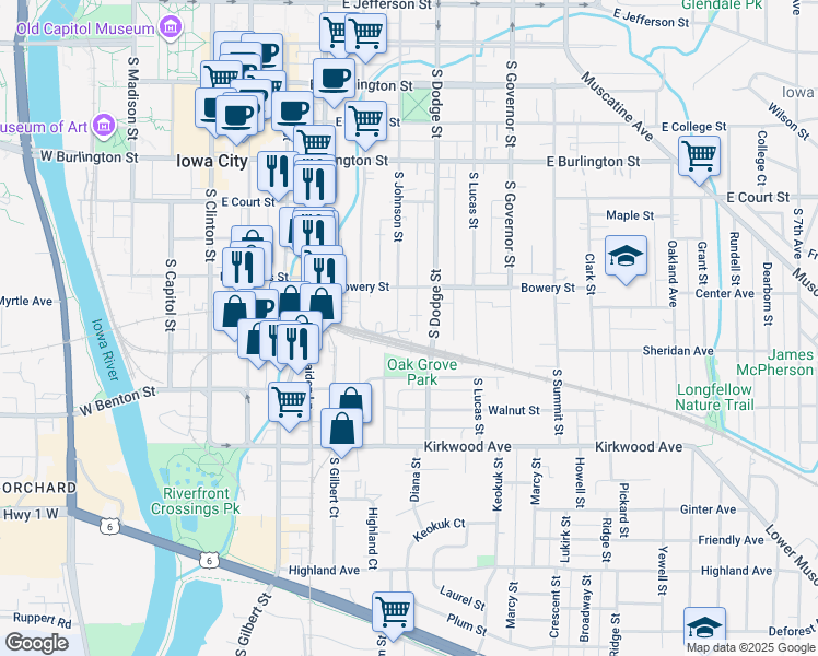 map of restaurants, bars, coffee shops, grocery stores, and more near 612 South Johnson Street in Iowa City
