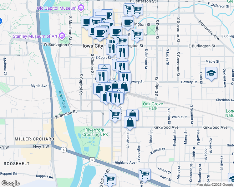 map of restaurants, bars, coffee shops, grocery stores, and more near 625 South Gilbert Street in Iowa City