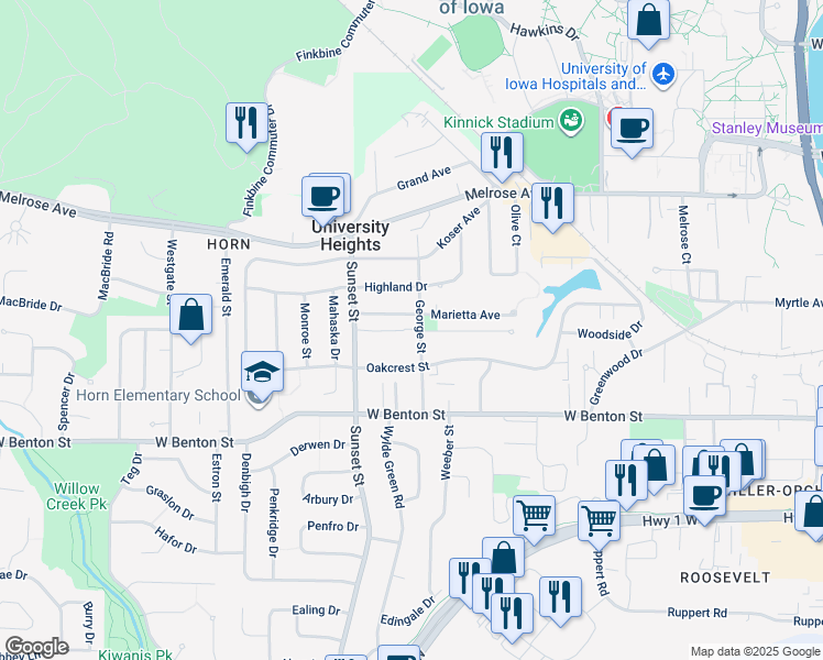 map of restaurants, bars, coffee shops, grocery stores, and more near 220 George Street in Iowa City