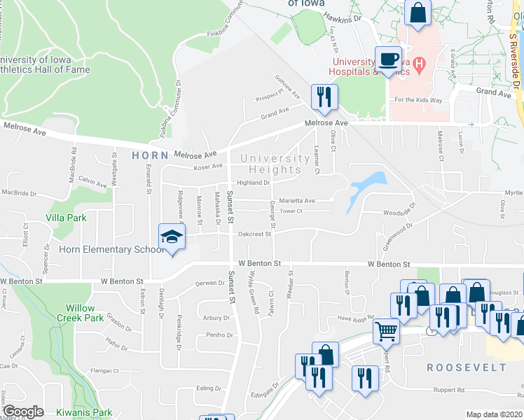 map of restaurants, bars, coffee shops, grocery stores, and more near 220 George Street in Iowa City