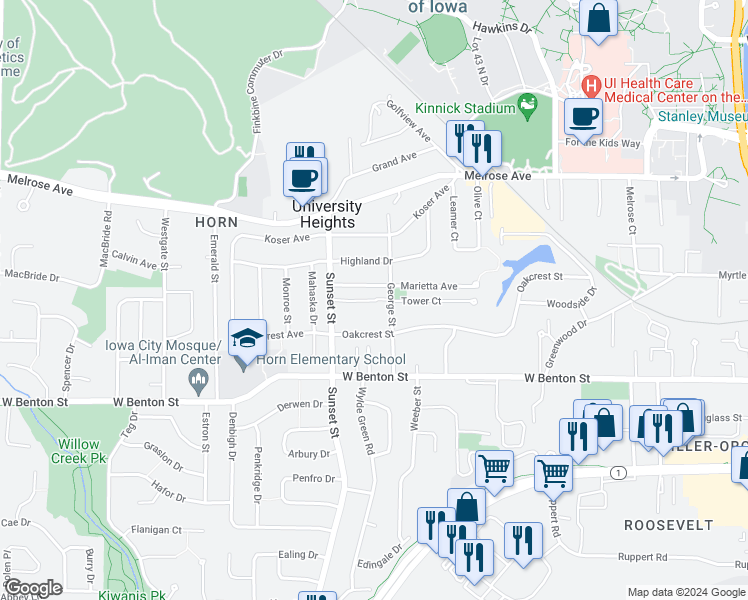 map of restaurants, bars, coffee shops, grocery stores, and more near 220 George Street in Iowa City